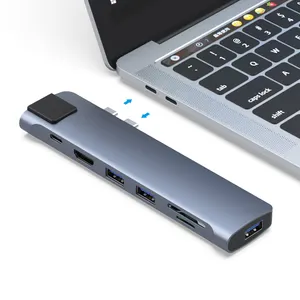 Venta al por mayor de aluminio de negocios nuevo Dual tipo C 8 en 2 adaptador de estación de acoplamiento para Macbook y teléfono inteligente USB-c 8 en 1 USB 3,0 HUB