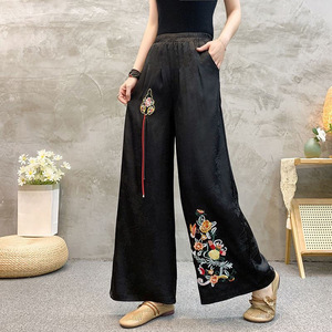 [] Chinese Ethnic Style Wide-Leg Pants Women Black And White Artistic Embroidery Casual Loose Fit - Product Image 4