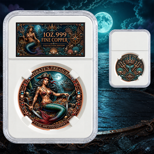 Moneta da Collezione in Rame Puro .999 da 1 oz, Regina del Mare Pirata Sirena, con Rilievo 3D, Rotonda Commemorativa Fantasy in Slab Protettivo Gradato - Product Image 3