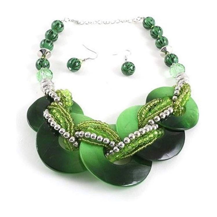 Chunky Déclaration Vert Coquille D'ormeau Mèche Tressée Argent Perles Collier Boucles D'oreilles Ensemble De Bijoux