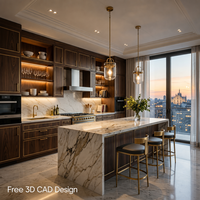Ensemble complet d'armoires de cuisine modulaires vintage françaises de luxe avec îlot, comptoir en quartz et éclairage LED pour projet