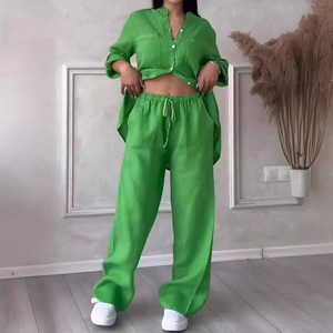 Completo da donna alla moda 2026 <span class=keywords><strong>in</strong></span> cotone e <span class=keywords><strong>lino</strong></span>, 2 pezzi, vestibilità ampia, con blusa comoda e <span class=keywords><strong>pantaloni</strong></span> a gamba larga - Product Image 6