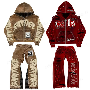 Custom Acid Wash Hoodie Set Men Embroidered Flared Sweatpants Tracksuit Vintage Streetwear Heavyweight Cotton Zipper Hoodie