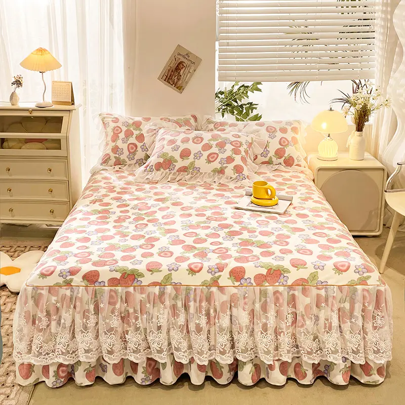 Home Embroidery Lace European Cotton 3pcs Bedding Set Bedspread bed skirt