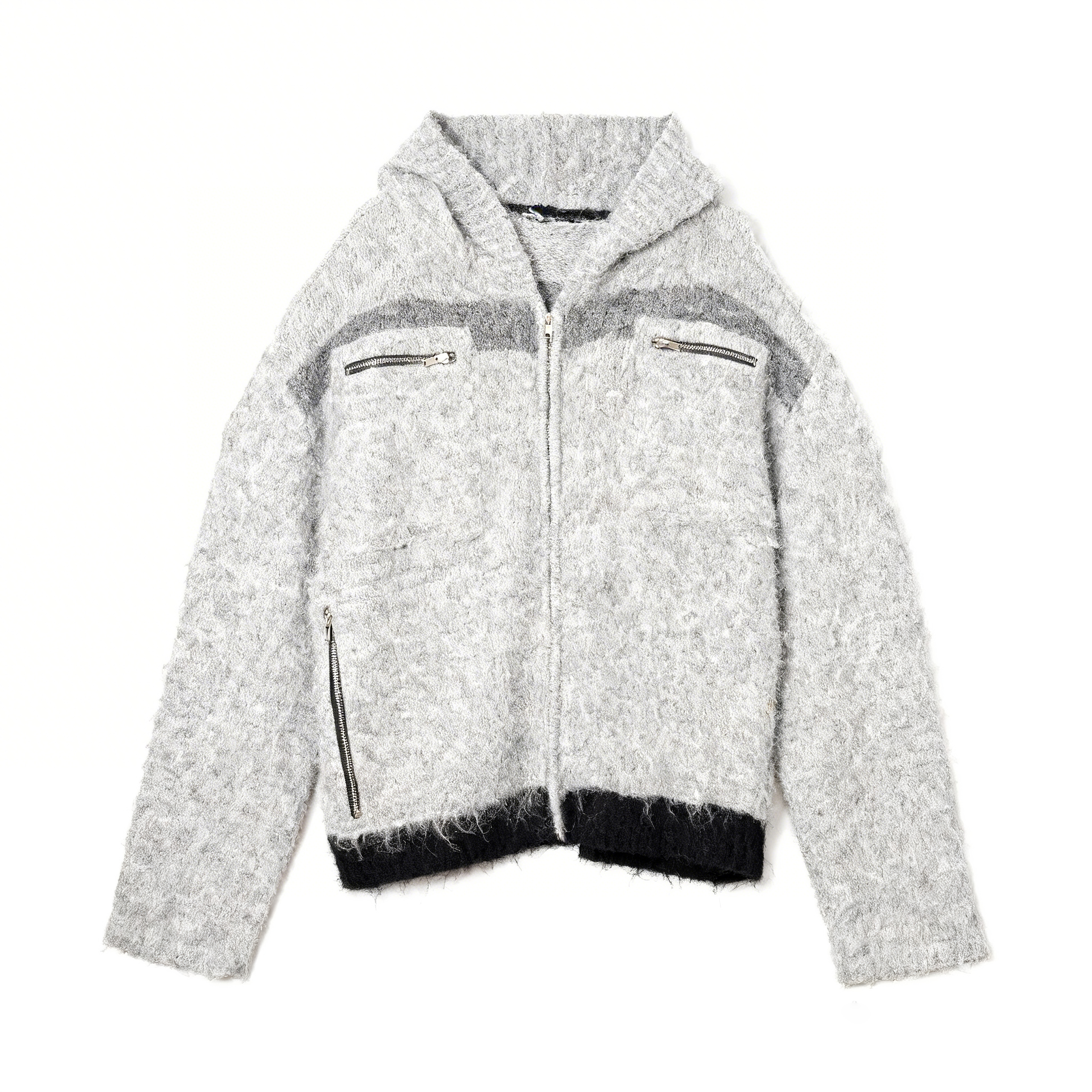 Men's Gray Fuzzy Knit Cardigan-Full Zip Zipper Pockets Color Block Hem Customizable Streetwear Anti-Pilling Breathable