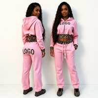 Ensemble sweat à capuche et pantalon de survêtement personnalisé pour femme, broderie appliquée, streetwear, imprimé léopard, coupe ajustée, ensemble de survêtement court, fabrication OEM