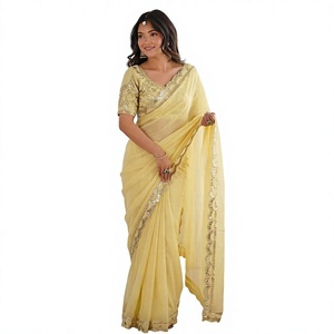 Ensemble de sari en mousseline de soie brodé de sequins jaune beurre, avec chemisier floral, pour fêtes, mariages et tenues d'été - Product Image 3