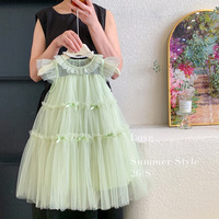 Robe de fête d'été pour petites filles avec nœud en maille et volants, robe en tulle superposée pour petites filles