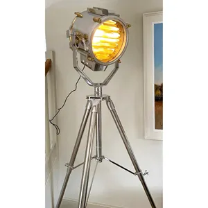 Designer Tripod spotlight Lamp Nautical Floor Light with Heavy Wooden Base Tripod Living Room Spot Light Lamp