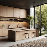 Îlot de cuisine moderne modulaire au design contemporain, aspect bois, sur mesure, avec plan de travail en granit/marbre, construction en contreplaqué massif, évier intégré