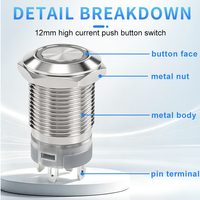 Bouton-poussoir HUSA 12 mm en acier inoxydable étanche IP65, plat, momentané, autobloquant, 7,5 A, avec anneau LED lumineux et bornes à broches