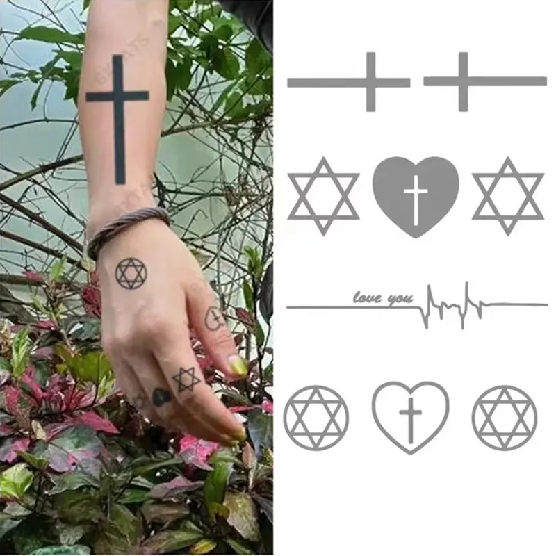 Bxtatuagem cruz minimalista, estrela, formato de coração, símbolos de tatuagem de longa duração, à prova d'água, 2 semanas, tatuagens semi permanente