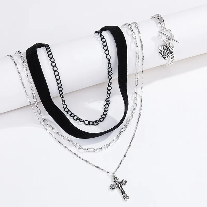 Original Design Women Girl Layered Gothic style silver cross necklace Engraved cross pendant necklace