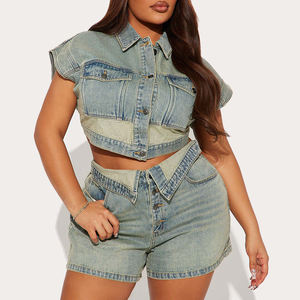 Vestes d'été <span class=keywords><strong>en</strong></span> denim extensible avec poches Top court <span class=keywords><strong>sans</strong></span> manches et short <span class=keywords><strong>en</strong></span> <span class=keywords><strong>jean</strong></span> Ensemble assorti de 2 pièces pour femmes - Product Image 6