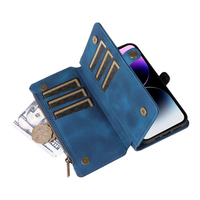 Étui portefeuille en cuir PU pour iPhone 15 Pro Max, 9 emplacements pour cartes + poche zippée pour pièces de monnaie, béquille, blocage RFID, protection 360° °   Protection