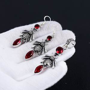 925 Sterling Silver Classic Style Bezel Setting <b>Pendant</b> Earrings Set Red <b>Garnet</b> Gemstone Handmade Pear Shape Perfect Christmas - Product Image 2