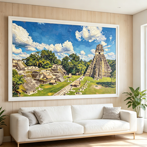 Pintura al Óleo Art Deco sobre Lienzo que Representa las Antiguas Ruinas <span class=keywords><strong>de</strong></span> <span class=keywords><strong>Tikal</strong></span>, <span class=keywords><strong>Guatemala</strong></span>. La selva tropical rodea los templos <span class=keywords><strong>de</strong></span> piedra mayas, y la luz del sol se desvanece. - Product Image 2