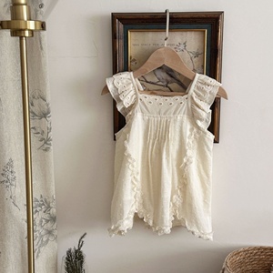 Jolie robe d'été sans manches en coton mélangé avec dentelle et œillets pour bébé fille, idéale pour le quotidien - Product Image 3