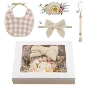 Top vente nouveau-né <span class=keywords><strong>bébé</strong></span> <span class=keywords><strong>naissance</strong></span> bavoir <span class=keywords><strong>bandeau</strong></span> ensemble couleur unie grand arc cheveux accessoires en gros avec boîte-cadeau - Product Image 5