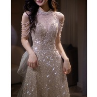 S1259T classique élégant robe de soirée décorée de dentelle minceur creux Sequin suspendu cou longue queue de poisson Style dames disponible ODM