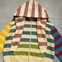 Sweat à capuche zippé unisexe personnalisé en coton molletonné double couche à rayures, style patchwork, pour homme, idéal pour l'automne