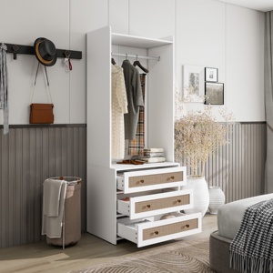 Modern Solid Wood High <b>Wardrobe</b> Armoire with 3 Drawers for Living Room Bedroom Hotel & Hospital Organizer - Product Image 3