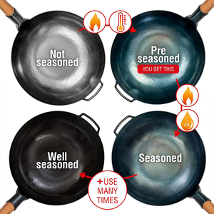 Wok en acier au carbone avec manche en bois et poignée auxiliaire pour cuisinières à gaz et à induction, compatible four, lavage à la main uniquement - Product Image 4