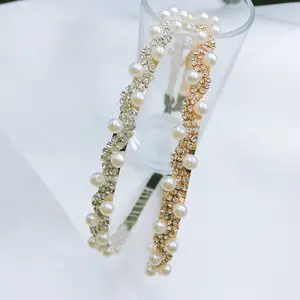 Yiwu Wholesale Gold Plated Beautiful Diamond Hair Hoop Simple Sweet Decoration Wedding Fax Pearl Headband For Women