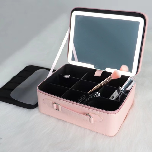 New Design Hot Selling Mirror Beauty Touch Screen Pu Leather Cosmetic case Travel Makeup case with Led Light Makeup Storage Box