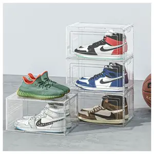 Organizador de zapatos de PP transparente apilable transparente contenedores Drop Front Open Sneaker caja de almacenamiento de zapatos para zapatos de Señora de los hombres