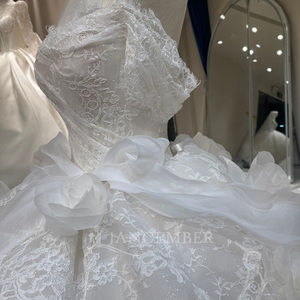Dw0235 <b>Romantic</b> Strapless Draped Bodice 3D Camellia Flower Lace Peplum Shimmer Tulle Ball Gown Wedding <b>Dress</b> Jancember - Product Image 4