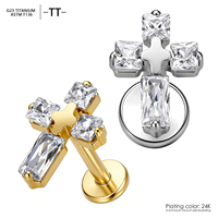 Clous de piercing labret en titane TT ASTM F136 16G avec incrustation de zircone cubique en forme de croix, qualité implant G23, pour oreille, tragus, hélix, cartilage, bijoux de piercing corporel