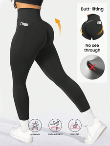 Leggings de yoga taille haute très élastiques, longueur genou, noir uni avec poches, effet froncé fessier, contrôle du ventre, sans coutures, extensibles dans les quatre sens - Product Image 4