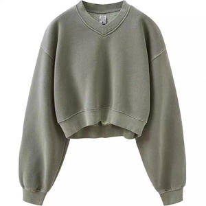 <span class=keywords><strong>Sweat</strong></span>-shirts et pulls à <span class=keywords><strong>capuche</strong></span> pour femmes en velours côtelé rétro lavé, col en V, imperméables, respirants, en élasthanne/coton, hiver, courts - Product Image 1