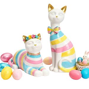 Escultura de Gato de Pascua con Corona Floral y Lazo - Figura Decorativa Personalizada, Gatos con Rayas Pastel para Decoración del Hogar - Product Image 1