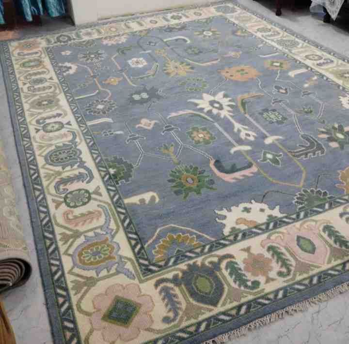 Best Customizable 9x12 Blue Beige Knotted Handmade Oushak Rug Vintage Turkish Area Rug for Teen Living Room for Home Use
