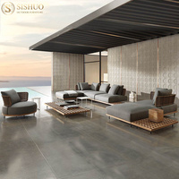 Conjunto de Sofás Minimalistas para Jardín, Muebles de Exterior para Sala de Estar, Sofá Seccional Impermeable para Patio con Base de Madera de Teca y Mesa de Centro