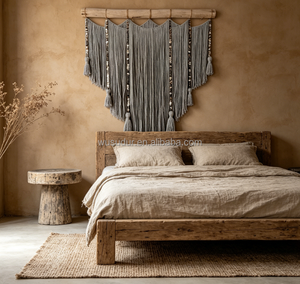 Tapisserie murale en <span class=keywords><strong>macramé</strong></span> Driftwood grise à franges <span class=keywords><strong>avec</strong></span> paillettes argentées et pompons, grande décoration murale bohème pour chambre et cheminée - Product Image 1