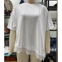 T-shirt décontracté à manches courtes pour femme, 65% viscose, 35% polyester, 5% élasthanne, coupe ample, manches chauve-souris, ourlet en dentelle, patchwork