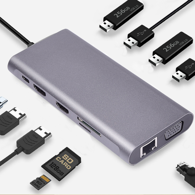 Aluminum Design 11 in 1 Type-C Hub Multiport Dock Station with USB3.0 PD SD/TF 4K HDMI VGA RJ45 Adapter Computer Accessories