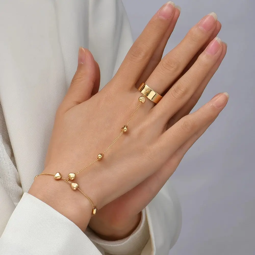 Простой браслет-цепочка с сердечками и рабами, позолоченный Широкий браслет с кольцом на пять пальцев, ювелирные подарки для женщин, Pulsera