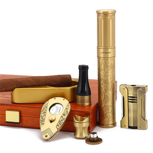 Jaune doré Couleur Cigare Coffret cadeau 6 Pièces Briquet Tube Cendrier Ciseaux Pour Cigare Accessoire - Product Image 4