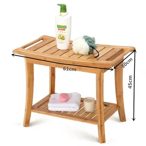 带搁板的竹淋浴凳-竹水疗浴室凳装饰带毛巾架的竹凳带扶手