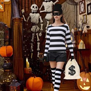 Stadget 6Pcs Robber Costume Women Black White Striped Burglar Outfit Halloween Cosplay Dress Up - Product Image 3