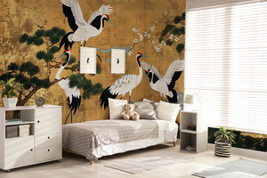 Pannello Murale di Alta Gamma con Foglia d'Oro e Design di Gru a Corona Rossa, Decorazione Interna Raffinata con Pino e Uccelli per Casa e Hotel - Product Image 2