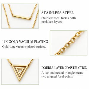 Collier double couche en or, acier inoxydable plaqué or 14 carats sous vide, pendentif barre triangulaire, chaîne - Product Image 3