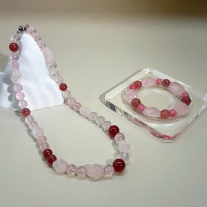 Low MOQ OEM ODM Pink Crystal Matching Set Natural Rose Strawberry Quartz <b>Beaded</b> <b>Bracelet</b> Necklace Women Gift Jewelry Wholesale - Product Image 1