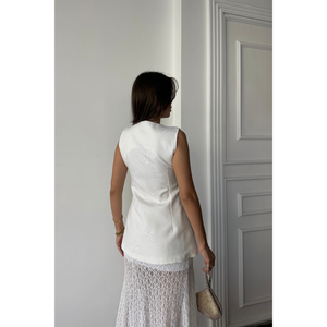 Chaleco de Lino Jacquard Ajustado a la Cintura, Blanco, Top sin Mangas para Mujer, Talla S - Product Image 1