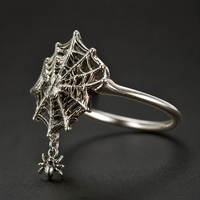 925 Sterling Silber Spinnennetz-Ring mit Schwarzem Zirkon-Spinnen-Charm, Gotischer Halloween-Schmuck, Süßes Dunkles Band, Allerheiligen-Geschenk