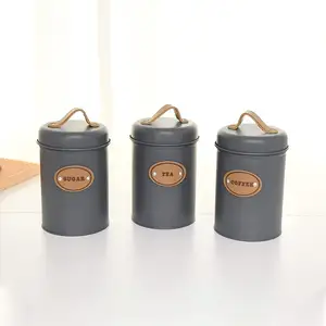灰色厨房罐套装茶咖啡糖罐厨房储物盒罐带皮革手柄的储物罐